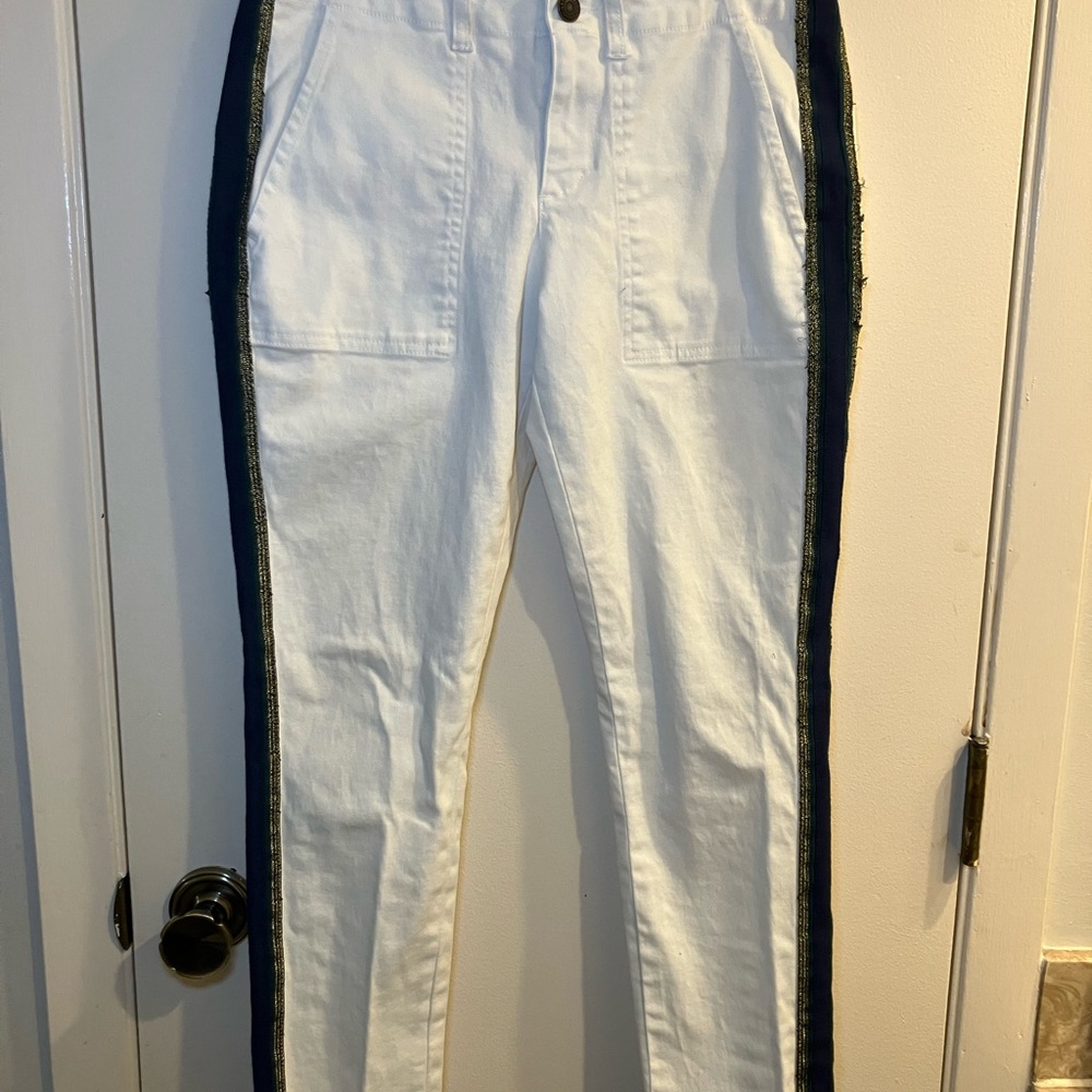 Pam &Gela white pants Navy Gold side stripe fringed bottom sz 27 - Picture 4 of 13